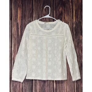 Laffaire Top Womens M White Eyelet Cotton Embroidered Long Sleeve Blouse Vinage